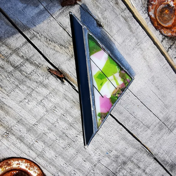 Artisan Created Fused Glass Triangular Brooch Pin - Picture 2 of 14